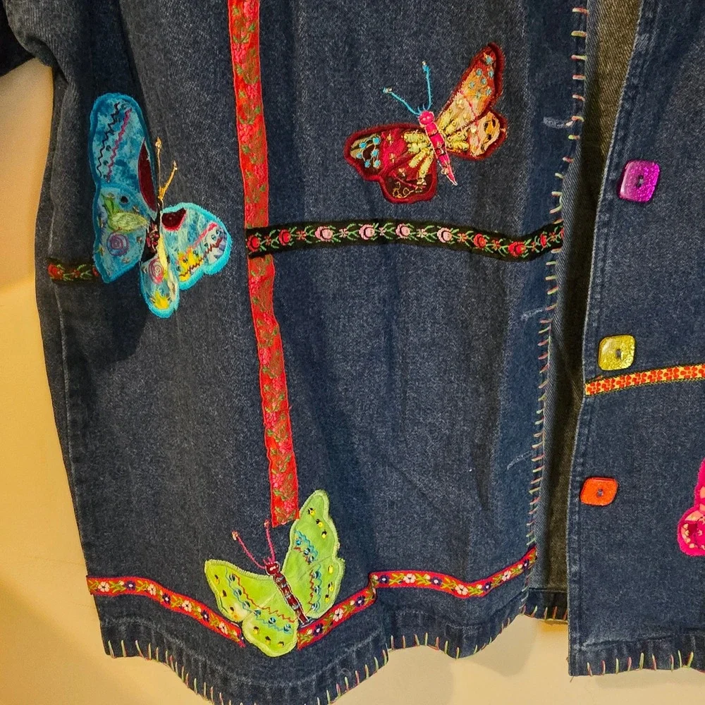 Life Style Woman Butterfly Denim Jacket Embroidered Blue Cotton Plus Size 2X Y2K